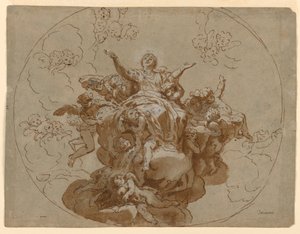 Tegning, udkast til et loft med Jomfru Marias himmelfart, 1700-1730 af Unknown artistUnknown artist