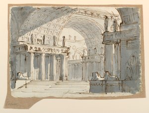 Tegning, scenografi, hvælvet klassisk bygning, ca. 1800 af Unknown artistUnknown artist