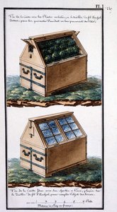 1. Udsigt over kassen med pakkede planter og arkal trådnet på toppen: for at sikre dem mod uheld ved at give luft. Udsigt af kroppen samme med dens glasrammer, placeret på Archal trådnet: for at fylde genstanden på serresillustrationen, der viser en del af af Unknown artist