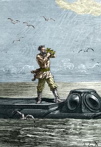 20.000 ligaer under havet. Kaptajn Nemo på ubåden "Nautilus". Illustration fra Jules Vernes roman "Tyve tusinde ligaer under havene" (Tyve-tusind - 20.000 - 20.000)