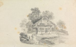 En hytte med to figurer foran af Unknown artist