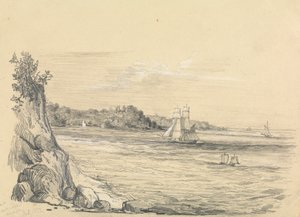 En kystlinje med skibe til søs af Unknown artist