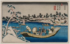 En fjern udsigt over sne på Sumida-floden i Edo af Unknown artist