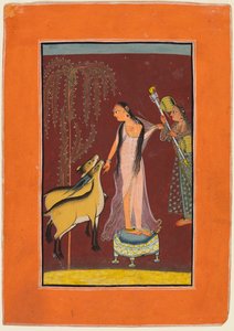 En dame med ledsager og et par hjorte: Sandsynligvis Gujari Ragini fra Dipak, fra en Pahari Ragamala af Unknown artist