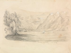 En sø omgivet af bjerge af Unknown artist