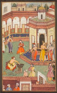 En mand dypper sin hånd i en kedel, mens Ladies of the Harem står i forbløffelse: A Page from a Manuscript of Religious History af Unknown artist