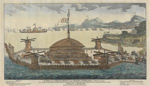 En udsigt over den franske tømmerflåde, som det ses flydende ved St. Maloes i februar 1798. Maskinen er 600 fod lang og 300 bred, monterer 500 stykker kanon, 36 og 48 pund og skal transportere 15.000 tropper og til invasionen af England. af Unknown artist