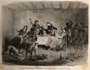 En banket i Lauramarca (Nedre Peru), en mand omgivet af indiske kvinder, bliver serveret og forkælet, mens hans tjenere, der udnytter hans distraktion, støder sammen uden hans vidende. Gravering til illustration af rejsen i Quinquinas-dalene (Peru), af af Unknown artist