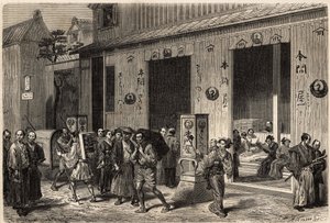 En boghandel med bunker af bøger og læsere i Yedo (eller Edo, det nuværende Tokyo), åbnede på en livlig gade. Gravering til illustration af rejsen til Japan i 1863-1864 af Aime Humbert, minister for Det Schweiziske Forbund, i "Le tour du monde, nouveau jou af Unknown artist