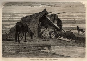 En lejr af nomadiske sigøjnere på sletterne i det nordlige Bosnien. Gravering for at illustrere minderne om rejser blandt de sydlige slaver, af Georges Perrot, i 1868, udgivet i "" Le tour du monde"" 1870-1871, redigeret af Edouard Charton, udgave Hachette af Unknown artist