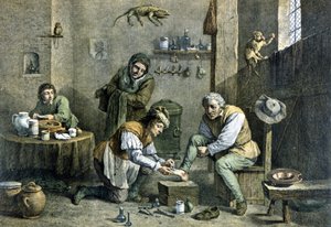 En landlæge, der tager sig af en af sine patienter. af Unknown artist