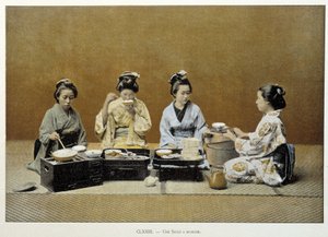 En spisestue i Japan: kvinder, der spiser ris med spisepinde, og en af dem serverer te - n.d. slutningen af det 19. århundrede af Unknown artist