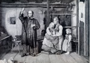 En læge, der undersøger en flaske, sandsynligvis et hætteglas med urin, under et besøg hos en mor og hendes to børn, der lever i fattigdom (gravering) af Unknown artist