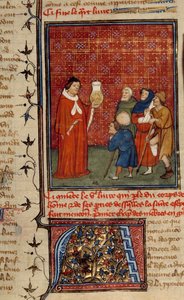 En læge undersøger en krukke med urin foran patienter. Miniature taget fra den engelske Barthelemy af Unknown artist