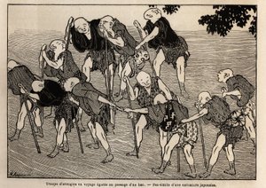 Eine Gruppe blinder Bettler am Durchgang eines Flusses; ihre Behinderung zwingt sie, sich auf Massage zu spezialisieren, sie reisen, indem sie ihre Hände geben, jeder hält einen Bergstock, der in eine Pfeife geschnitzt ist, mit deren Klang sie ihre Anwesen