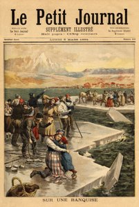 En enorm isblok bryder fra fastlandet ved Helsingfors (den sydlige Finske Bugt) og tager over 500 mennesker og 20 heste ud i det åbne hav. Indgravering i "" Le petit journal"" 5/03/1894. Selvas samling. af Unknown artist