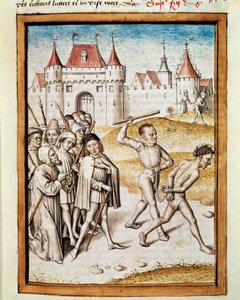 En mand føres til miniaturepine fra en tysk oversættelse af Bidpais fabler "Kalila (Calila) og Dimna". (ms. 1389, fol. 16) omkring 1480 Chantilly, musee Conde af Unknown artist