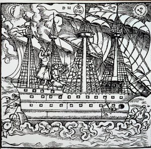 En navigator på en portugisisk karavel ved hjælp af en astrolabium. Gravering fra den tyske navigatør Hans Stadens rejsehistorier (1525-1579) af Unknown artist