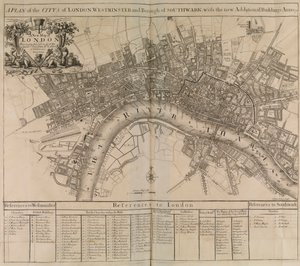 En plan over byen London, Westminster, bydelen Southwark og floden Themsen af Unknown artist