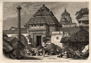 En populær gåtur foran hovedporten til Djaghernaut-pagoden (bygget omkring 1200), en hellig by og pilgrimsrejsested i det sydlige Bengal. Gravering til illustration af rejsen i Indiens meridionalprovinser, af Alfred Grandidier, i 1862-1864, udgivet af Unknown artist