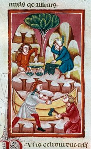 En handelsmand, der bruger en vægt, en smed, der slår på en ambolt, to arbejdere, der arbejder på en båd på et skibsværft. Miniature taget fra "" The Facts of the Romans""" Venedig fra det 13. århundrede, biblioteca Marciana af Unknown artist