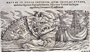 En hval forvekslet med en ø. To personer tænder bål på ryggen af et marinemonster. Gravering n Historia Animalium af Conrad Gesner (1516-1565), Tiguri af Unknown artist
