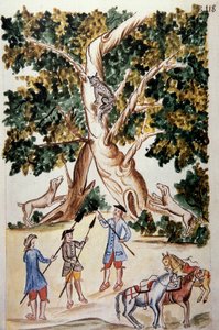 En vild kat sætter sig på et træ, jægere venter på det, fra bogen "Trujillo del Peru" eller "Codex Martinez Companion", af Baltazar Martinez Companion og Bujanda, biskop af Trujillo (1782-1785) af Unknown artist