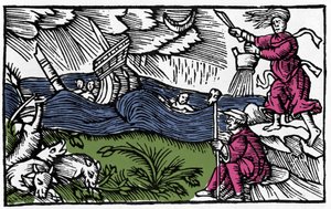 En heks forårsager en storm efter "Historia de gentis septentrionalibus" af Olaus Magnus, Rom 1555 af Unknown artist