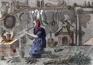 En heks i sit laboratorium forbereder en trylledrikk, lige et horn fyldt med magiske urter. Indgravering af det 16. århundrede af Unknown artist