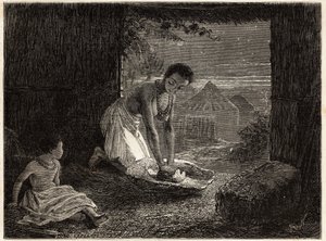 En kvinde maler korn i en brænder, møllen består af en stationær blok af granit i form af et trug og et stykke kvarts konveks. Indgravering til illustration af Dr. Livingstones første rejser til det sydlige Afrika fra 1840 til 1856, i "Le tour du monde af Unknown artist