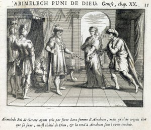 Abimelek giver Sara til Abraham - Bibel, gravering af Unknown artist