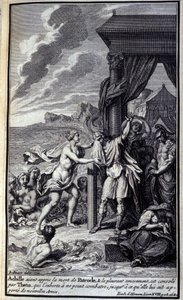 Achilles, der har hørt om Patrokles død og græder ham bittert, bliver trøstet af Thetis, som formanede ham til ikke at kæmpe, indtil hun bragte ham nye våben." Illustration af bog XVIII af Iliaden af Homere, fransk udgave af Unknown artist