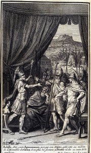 Achilleus, irriteret mod Agamemnon, sværger ved sit scepter, at han kaster midt i grækernes forsamling for ikke at hjælpe dem; og Nestor pletter forgæves for at formilde dem. Illustration af bog I af Iliaden af Homere, fransk udgave af Unknown artist