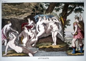 Acteon forvandlet til hjort - i Mythological Dictionary af Unknown artist