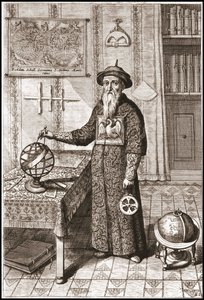 Adam Schall, astronom (1592-1666) i Mandarin -kostume, med jordbunden og himmelsk kloder og astrolabe - i “Kina” af Athanase Kircher (eller Athanasius Kircheri) af Unknown artist