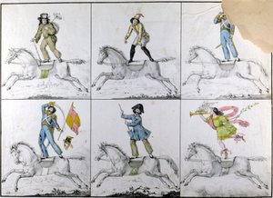 Kunstflyvning: Akrobatiske øvelser til hest. Gravering af Unknown artist
