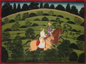 Akrura Rides Mod Dwarka, side fra den store Basohli Bhagavata Purana af Unknown artist