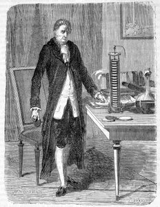 Alessandro (Alexandre) Volta byggede i 1799 elektromotoren eller det elektriske batteri - gravering af Unknown artist