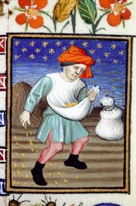 Allegorisk fremstilling af oktober. En bonde, der sår korn. Miniature af et manuskript fra det 14. århundrede. af Unknown artist