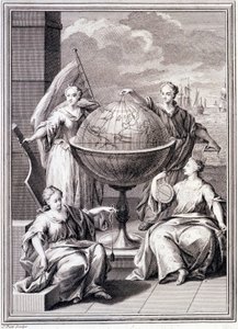 Allegory of the Exploration of the World - i "" Historical Journey of South America udført efter ordre fra kongen af Spanien"", af Don Georges Juan og Don Antoine de Ulloa, Librairie du Roi, Paris af Unknown artist
