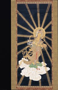 Amitabha (Amida) Triad Descending From Heaven (pigment på konshi (blåt rispapir)) af Unknown artist