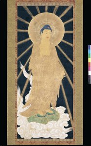 Amitabha (Amida) Triad Descending From Heaven (pigment på konshi (blåt rispapir)) af Unknown artist