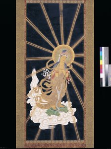 Amitabha (Amida) Triad Descending From Heaven (pigment på konshi (blåt rispapir)) af Unknown artist