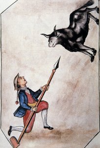 En indianer, der peger fra sit spyd til en tyr, fra bogen "Trujillo of the Peru" eller "Codex Martinez Companion", af Baltazar Martinez Companion og Bujanda, biskop af Trujillo (1782-1785) af Unknown artist
