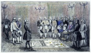 En lærlingeloge i Paris, omkring 1740: denne scene skildrer modtagelsen af en "lærling"" frimurer (på gulvet maleriet af lærlingelogen) - ifølge en gravering fra tiden. af Unknown artist