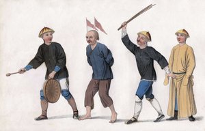 En anklage tages til retten. For at tiltrække offentlig opmærksomhed sættes røde flag på hans hoved, og en mand ringer på gongongen. Indgravering i "The Punishments of the Chinese", London af Unknown artist
