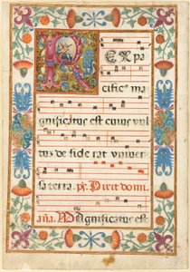Engel, der spiller på et instrument i et dekoreret initial "R" med flora, fauna og grotesker, fra en antifonal af Unknown artist