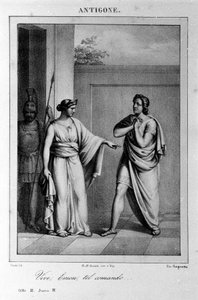 Antigone Act I, scene 3. Italiensk tragedie af Vittorio Alfieri skrevet i 1783 efter græsk mytologi. Indgravering af det 18. århundrede. af Unknown artist