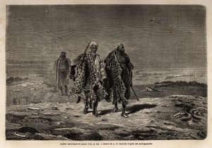 Arabiske beduiner, panterskind og fåreuldshandlere på vej til Bagdads march (Irak). Indgravering til illustration af turen til Babylon i 1866 af Guillaume Lejean i "Le tour du monde, nouveau journal des voyages"" udgivet under dire af Unknown artist