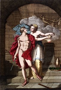Arianne giver Theseus tråden, så han kan komme ud af labyrinten - i Dizionario mitologico af Unknown artist
